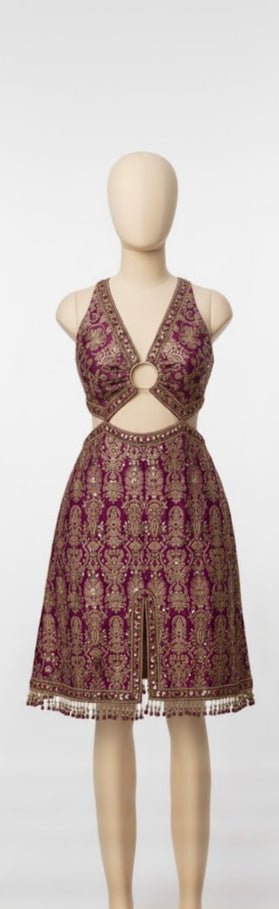 Indo - Western Halter Neck Dress - "A stunning fusion of intricate Indian artistry and a bold, modern halter silhouette." - The MadhuIndo - Western Halter Neck Dress - "A stunning fusion of intricate Indian artistry and a bold, modern halter silhouette."