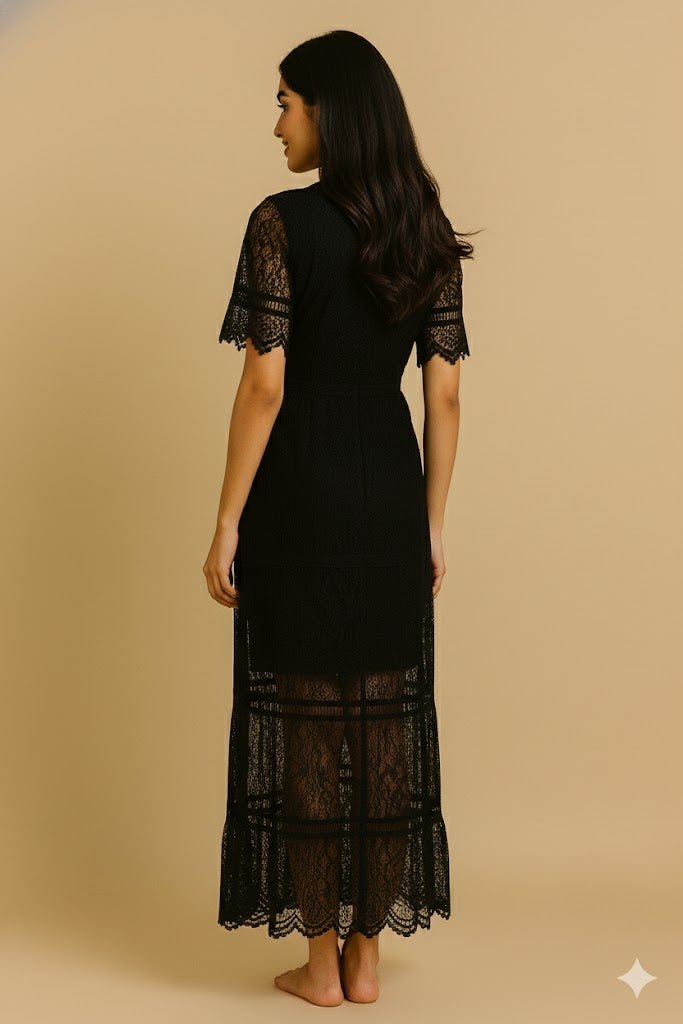 Black Lace Button - Down V - Neck Midi Dress - The MadhuBlack Lace Button - Down V - Neck Midi Dress