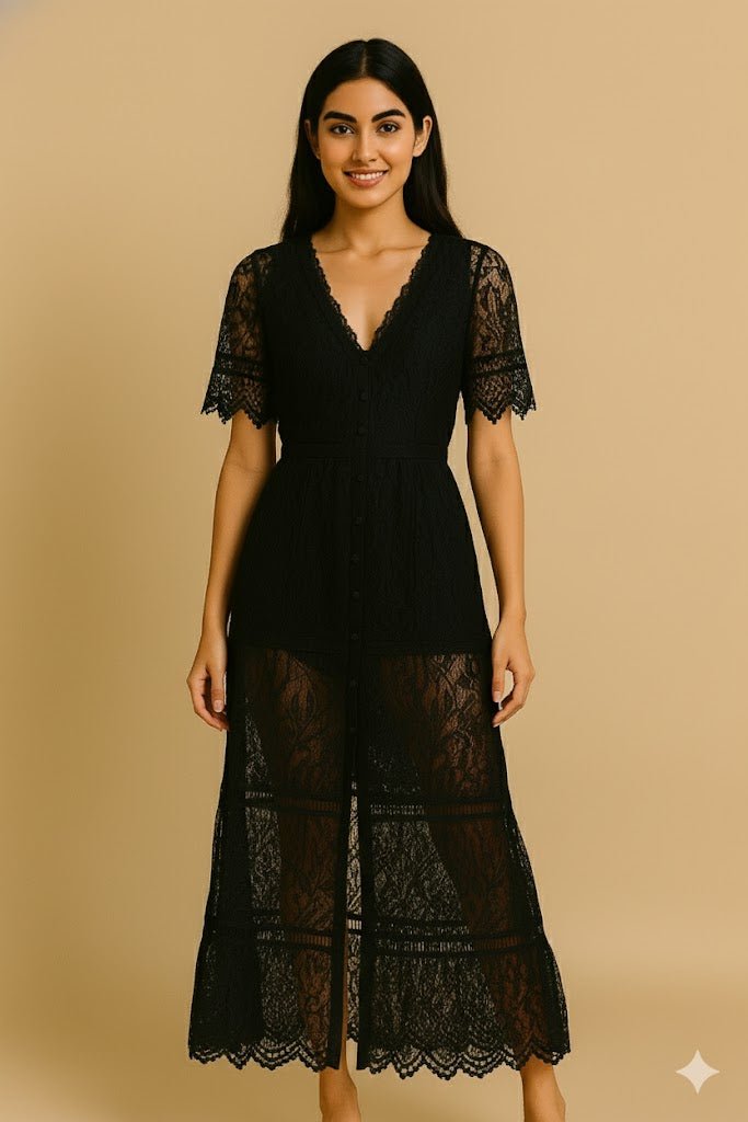 Black Lace Button - Down V - Neck Midi Dress - The MadhuBlack Lace Button - Down V - Neck Midi Dress