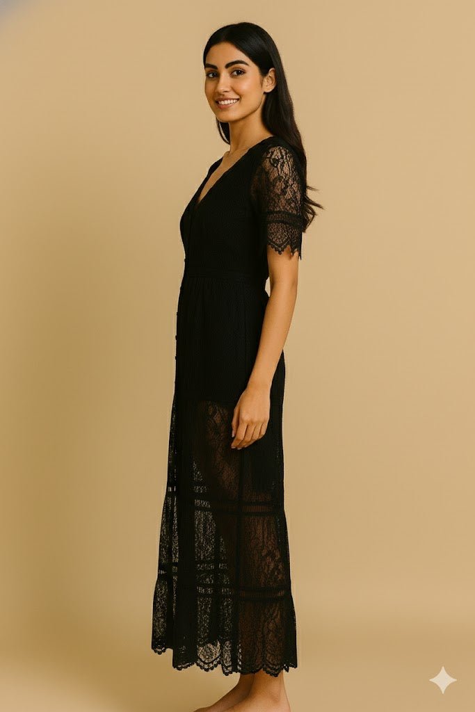 Black Lace Button - Down V - Neck Midi Dress - The MadhuBlack Lace Button - Down V - Neck Midi Dress