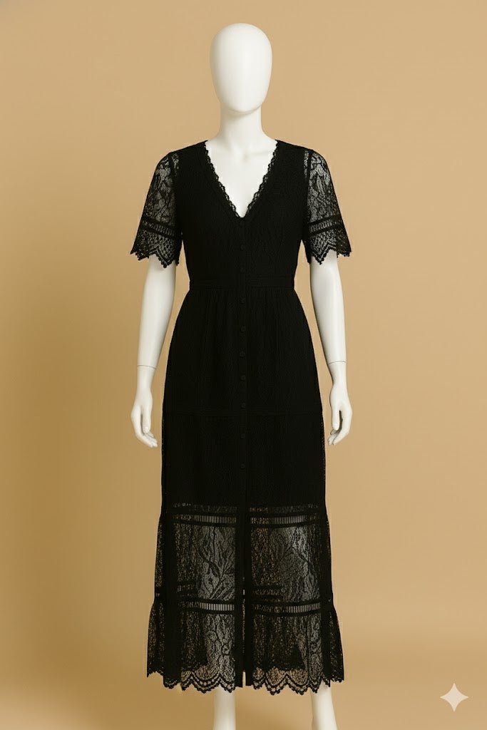 Black Lace Button - Down V - Neck Midi Dress - The MadhuBlack Lace Button - Down V - Neck Midi Dress