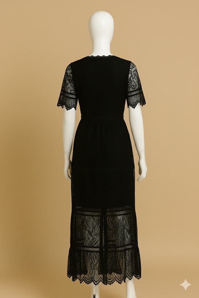 Black Lace Button - Down V - Neck Midi Dress - The MadhuBlack Lace Button - Down V - Neck Midi Dress