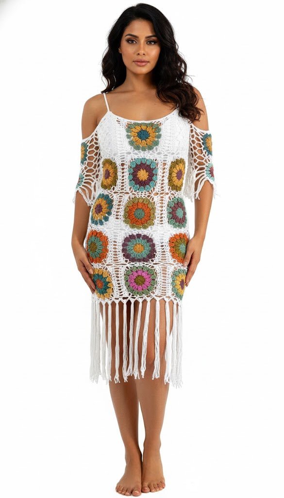 “Boho Bloom Knit Cover - Up” - A handcrafted crochet masterpiece that blends vintage charm with carefree coastal style. - The Madhu“Boho Bloom Knit Cover - Up” - A handcrafted crochet masterpiece that blends vintage charm with carefree coastal style.