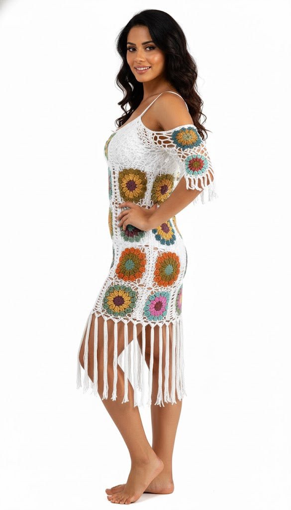 “Boho Bloom Knit Cover - Up” - A handcrafted crochet masterpiece that blends vintage charm with carefree coastal style. - The Madhu“Boho Bloom Knit Cover - Up” - A handcrafted crochet masterpiece that blends vintage charm with carefree coastal style.
