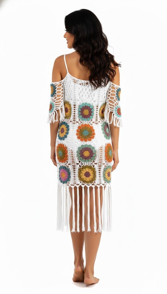 “Boho Bloom Knit Cover - Up” - A handcrafted crochet masterpiece that blends vintage charm with carefree coastal style. - The Madhu“Boho Bloom Knit Cover - Up” - A handcrafted crochet masterpiece that blends vintage charm with carefree coastal style.