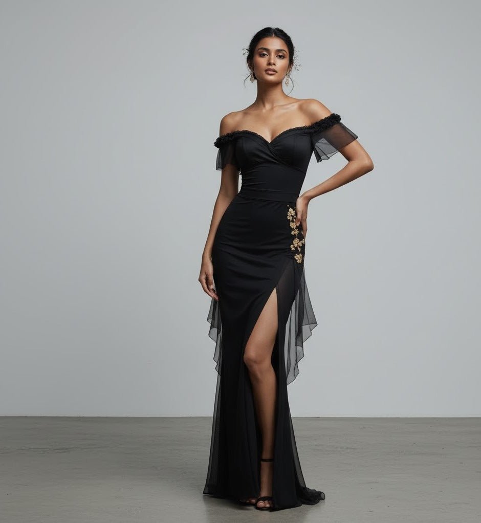 Celestial Black Zen Z Thigh - Slit Glam Gown - The MadhuCelestial Black Zen Z Thigh - Slit Glam Gown