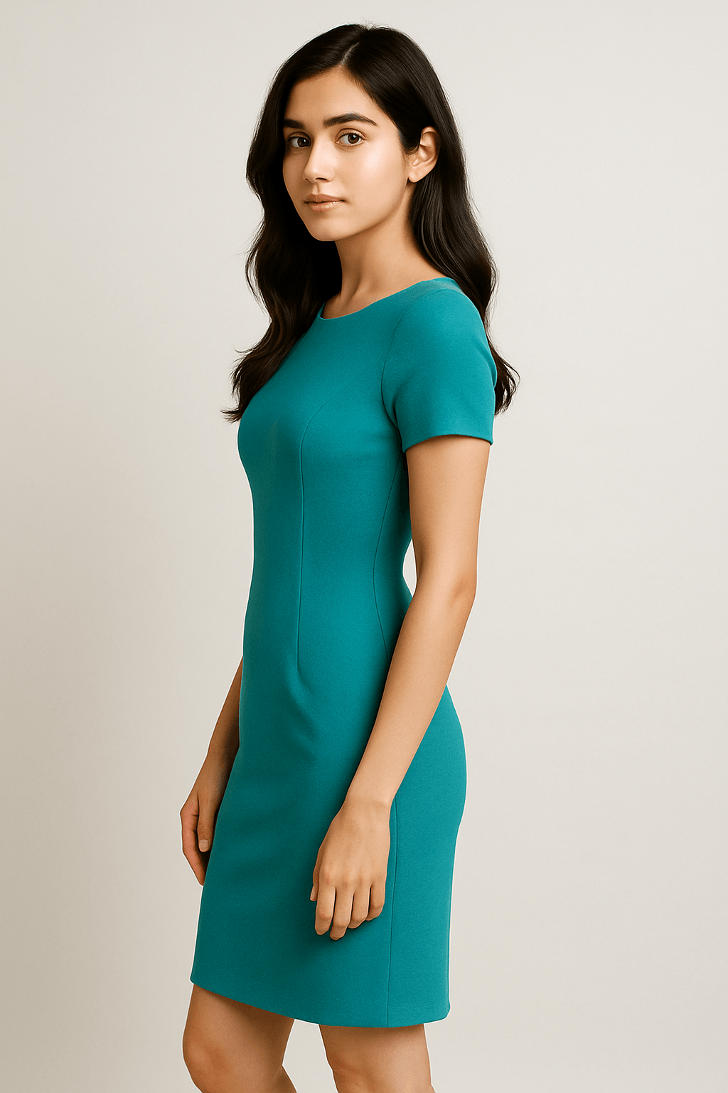 Elegant Turquoise Stretch Sheath Dress for Office & Casual Wear - The MadhuElegant Turquoise Stretch Sheath Dress for Office & Casual Wear