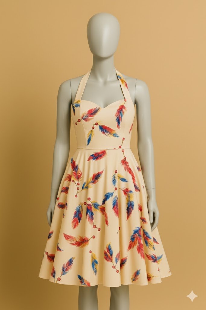 Feather Print Halter Neck Dress - Vintage 50s Swing Style - The MadhuFeather Print Halter Neck Dress - Vintage 50s Swing Style