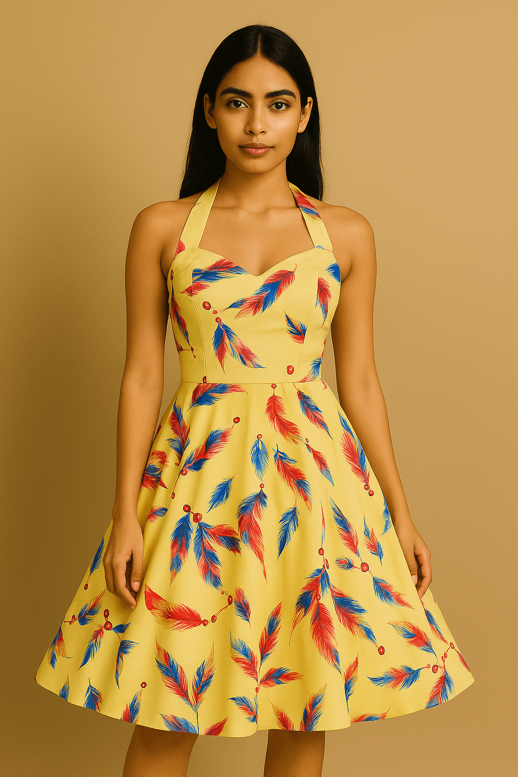 Feather Print Halter Neck Dress - Vintage 50s Swing Style - The MadhuFeather Print Halter Neck Dress - Vintage 50s Swing Style