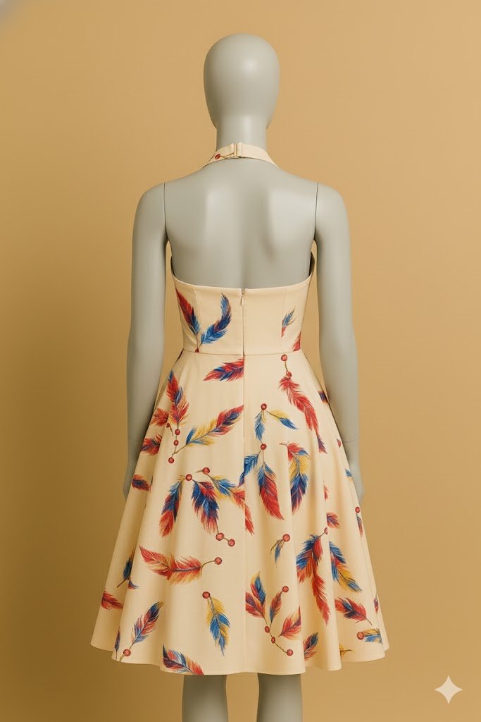 Feather Print Halter Neck Dress - Vintage 50s Swing Style - The MadhuFeather Print Halter Neck Dress - Vintage 50s Swing Style