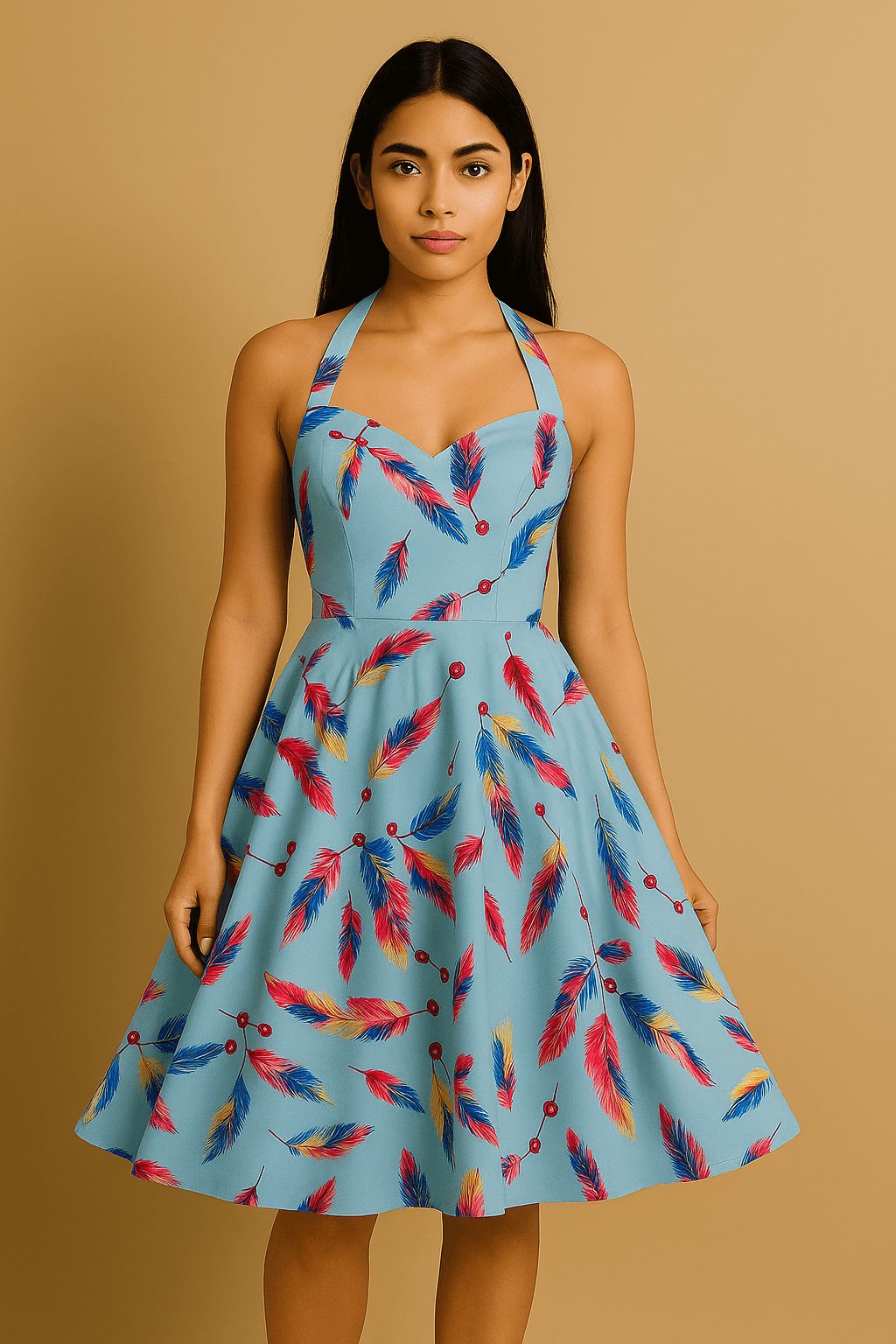 Feather Print Halter Neck Dress - Vintage 50s Swing Style - The MadhuFeather Print Halter Neck Dress - Vintage 50s Swing Style