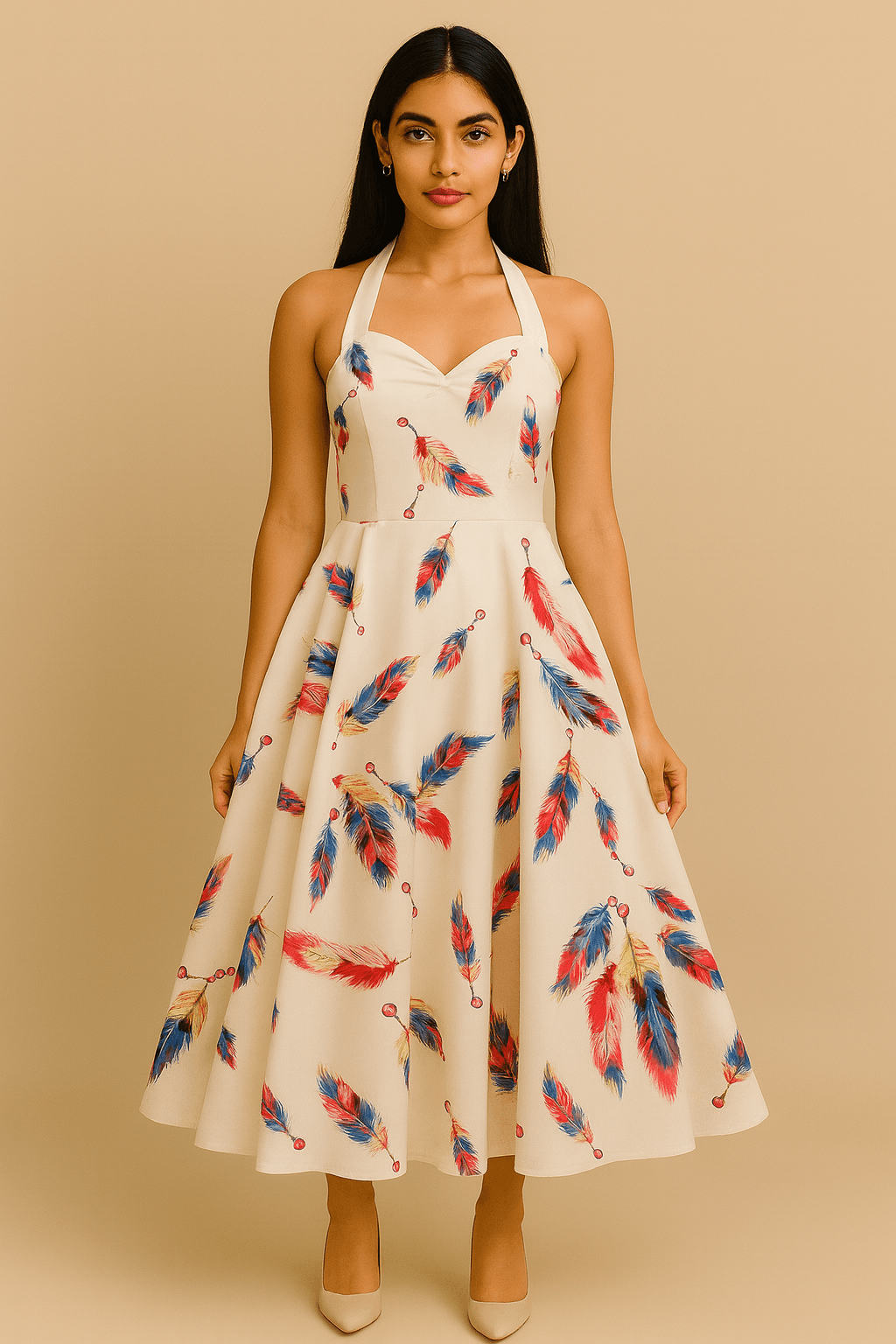 Feather Print Halter Neck Dress - Vintage 50s Swing Style - The MadhuFeather Print Halter Neck Dress - Vintage 50s Swing Style