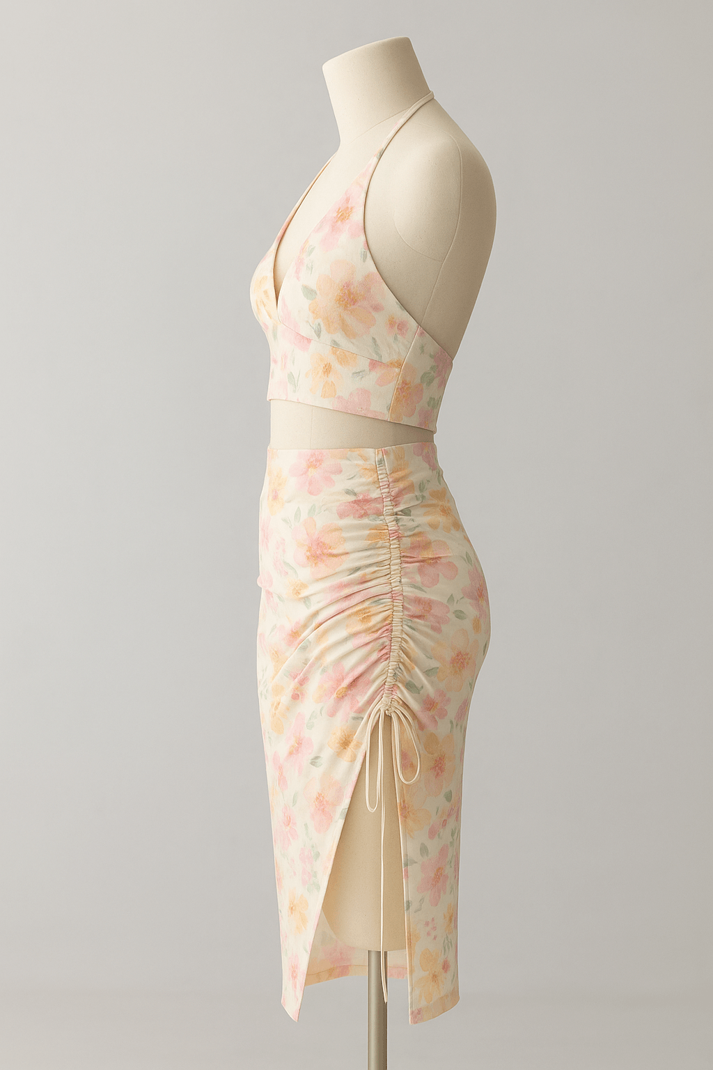 "Blush Bloom Ruched Set" 🌸-“Effortless elegance meets romance in this pastel floral ruched set.” The Madhu Store