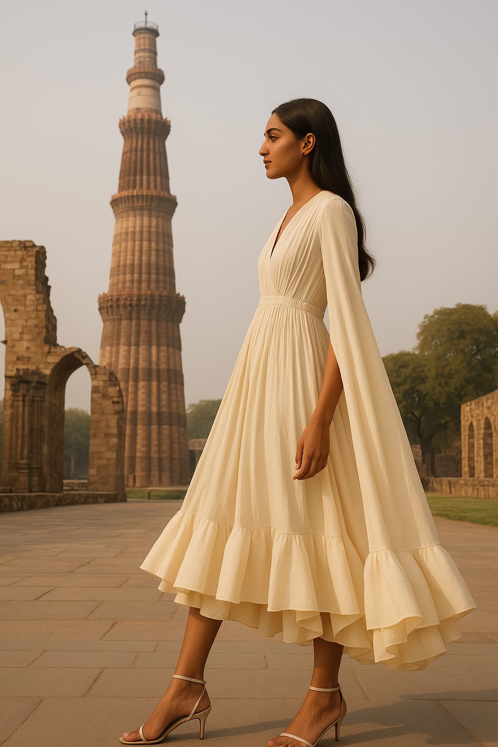 Golden Hour Ruffle Dress - “Turn every walk into a runway with The Madhu Store’s flowy yellow cape dress.” - The MadhuGolden Hour Ruffle Dress - “Turn every walk into a runway with The Madhu Store’s flowy yellow cape dress.”