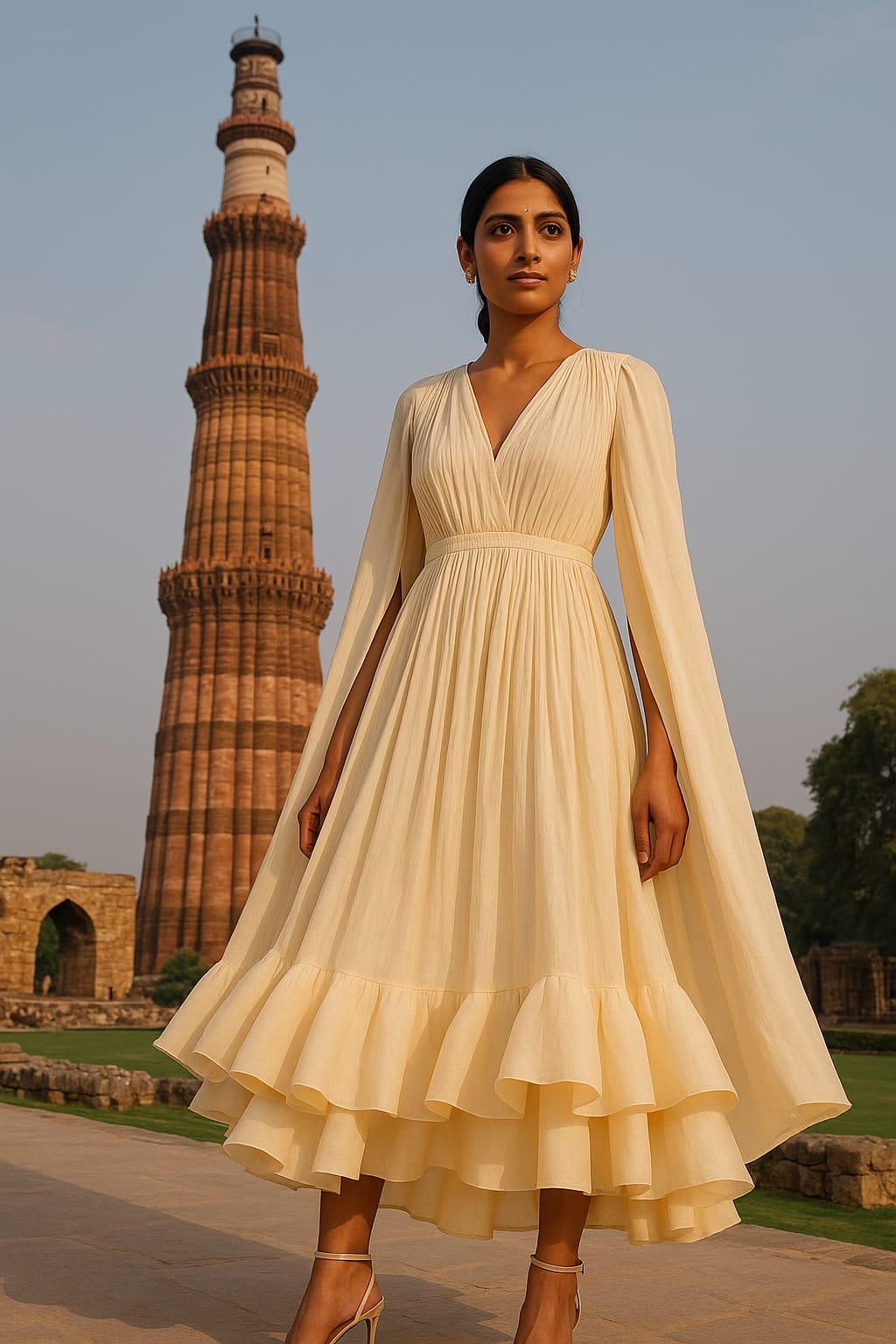 Golden Hour Ruffle Dress - “Turn every walk into a runway with The Madhu Store’s flowy yellow cape dress.” - The MadhuGolden Hour Ruffle Dress - “Turn every walk into a runway with The Madhu Store’s flowy yellow cape dress.”