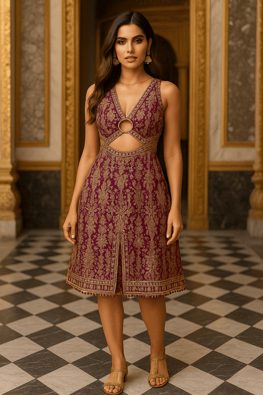 Indo - Western Halter Neck Dress - "A stunning fusion of intricate Indian artistry and a bold, modern halter silhouette." - The MadhuIndo - Western Halter Neck Dress - "A stunning fusion of intricate Indian artistry and a bold, modern halter silhouette."