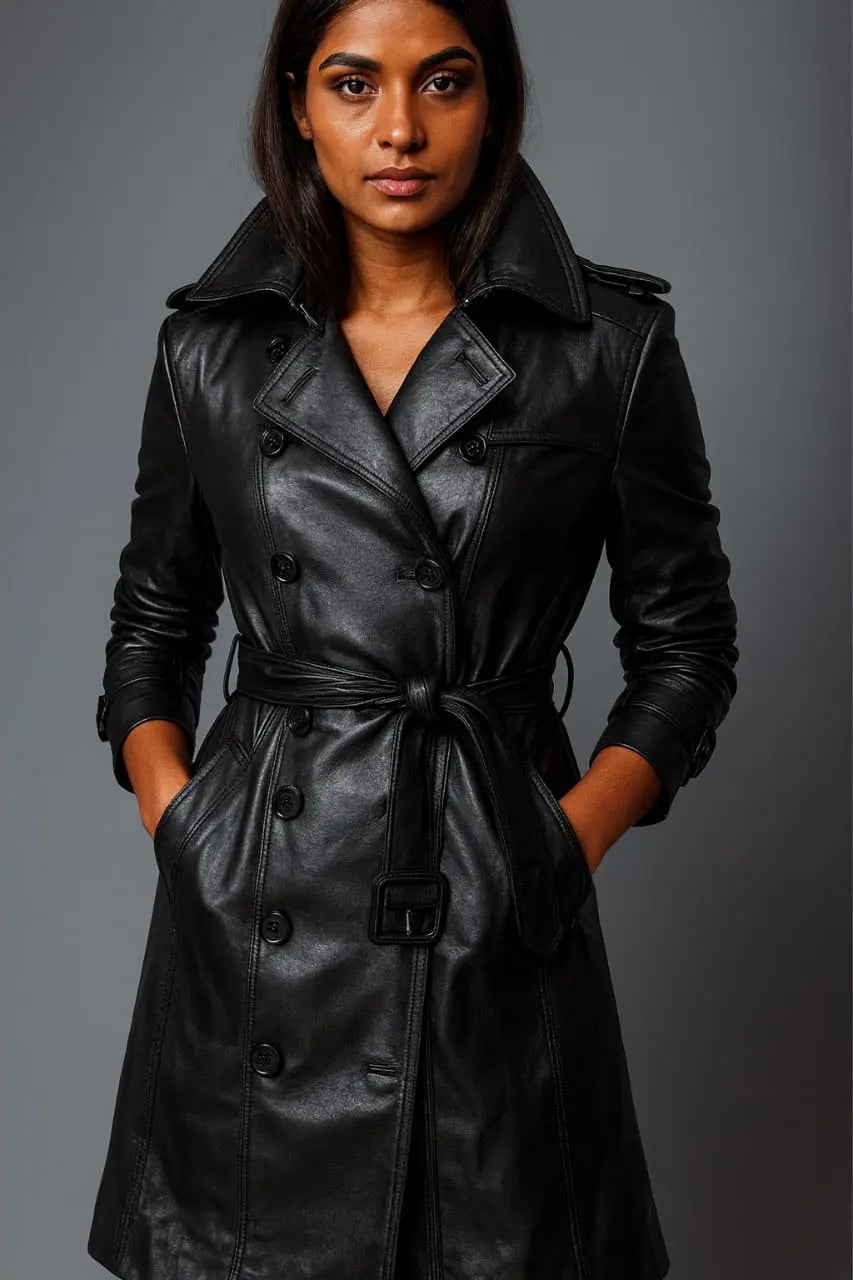 Urban Noir Trench-“Crafted in sleek leather, designed for modern icons.” The Madhu Store