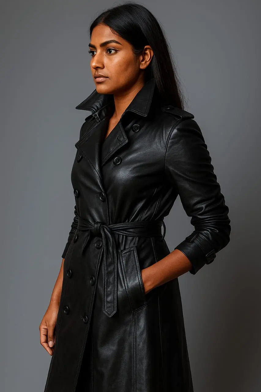 Urban Noir Trench-“Crafted in sleek leather, designed for modern icons.” The Madhu Store
