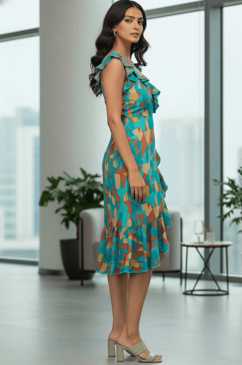 Prism Petal Dress - a pastel geometric ruffle dress designed for modern women who love lightweight elegance and effortless chic style.” - The MadhuPrism Petal Dress - a pastel geometric ruffle dress designed for modern women who love lightweight elegance and effortless chic style.”