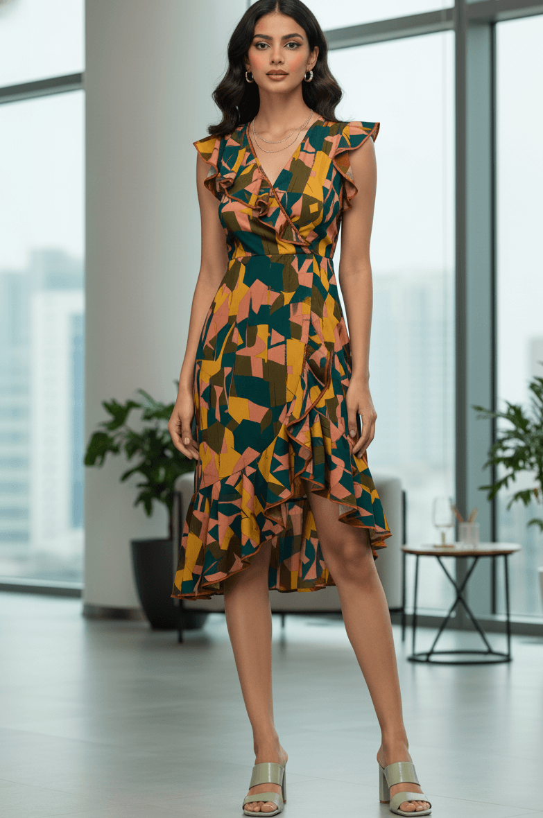 Prism Petal Dress - a pastel geometric ruffle dress designed for modern women who love lightweight elegance and effortless chic style.” - The MadhuPrism Petal Dress - a pastel geometric ruffle dress designed for modern women who love lightweight elegance and effortless chic style.”