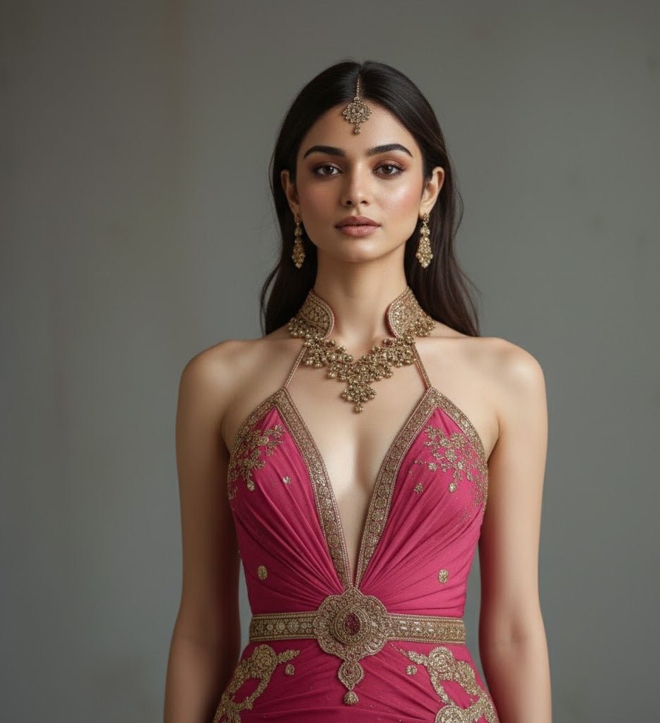 The Rebel Rose - Define your day with The Rebel Rose, a daring rose - pink designer gown featuring bold gold embroidery and a modern high slit. - The MadhuThe Rebel Rose - Define your day with The Rebel Rose, a daring rose - pink designer gown featuring bold gold embroidery and a modern high slit.