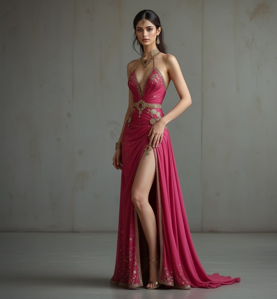 The Rebel Rose - Define your day with The Rebel Rose, a daring rose - pink designer gown featuring bold gold embroidery and a modern high slit. - The MadhuThe Rebel Rose - Define your day with The Rebel Rose, a daring rose - pink designer gown featuring bold gold embroidery and a modern high slit.