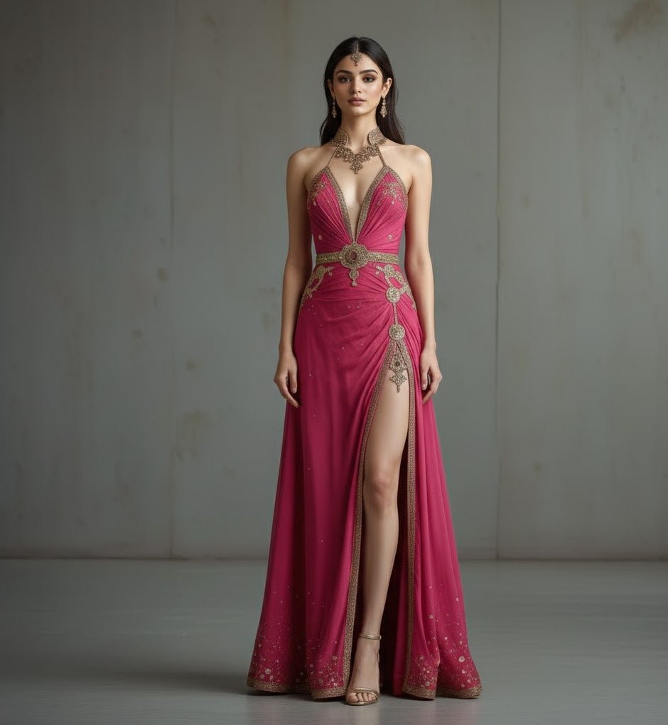 The Rebel Rose - Define your day with The Rebel Rose, a daring rose - pink designer gown featuring bold gold embroidery and a modern high slit. - The MadhuThe Rebel Rose - Define your day with The Rebel Rose, a daring rose - pink designer gown featuring bold gold embroidery and a modern high slit.