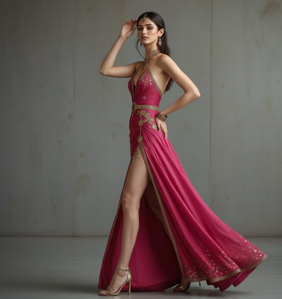 The Rebel Rose - Define your day with The Rebel Rose, a daring rose - pink designer gown featuring bold gold embroidery and a modern high slit. - The MadhuThe Rebel Rose - Define your day with The Rebel Rose, a daring rose - pink designer gown featuring bold gold embroidery and a modern high slit.