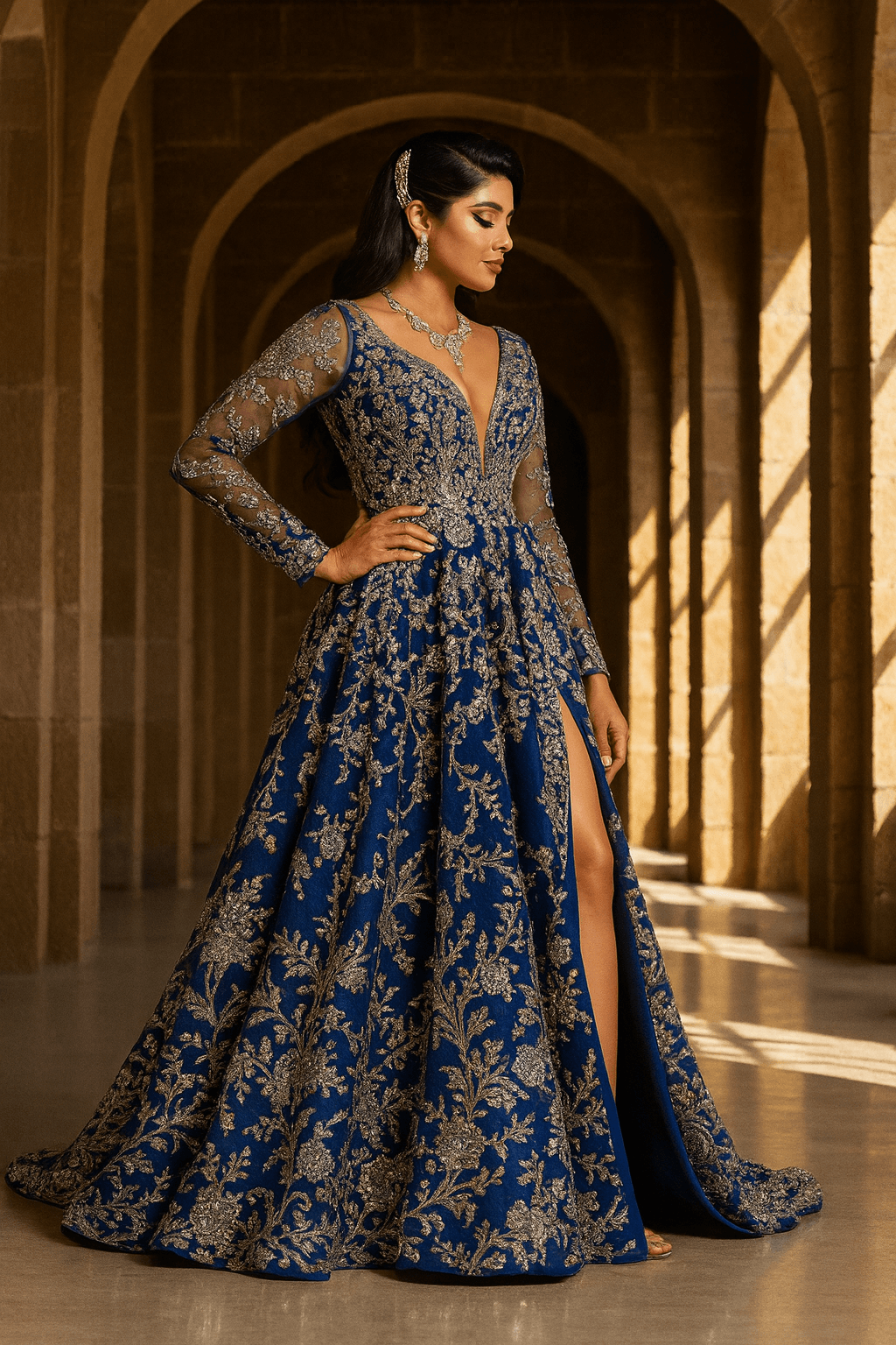 “The Royal Affair” - “A masterpiece of royal elegance — this deep sapphire gown shimmers with golden embroidery, capturing timeless luxury and modern grace.” - The Madhu“The Royal Affair” - “A masterpiece of royal elegance — this deep sapphire gown shimmers with golden embroidery, capturing timeless luxury and modern grace.”
