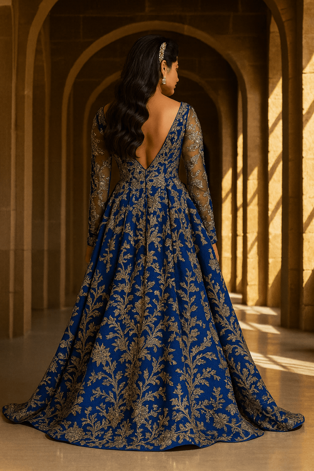 “The Royal Affair” - “A masterpiece of royal elegance — this deep sapphire gown shimmers with golden embroidery, capturing timeless luxury and modern grace.” - The Madhu“The Royal Affair” - “A masterpiece of royal elegance — this deep sapphire gown shimmers with golden embroidery, capturing timeless luxury and modern grace.”