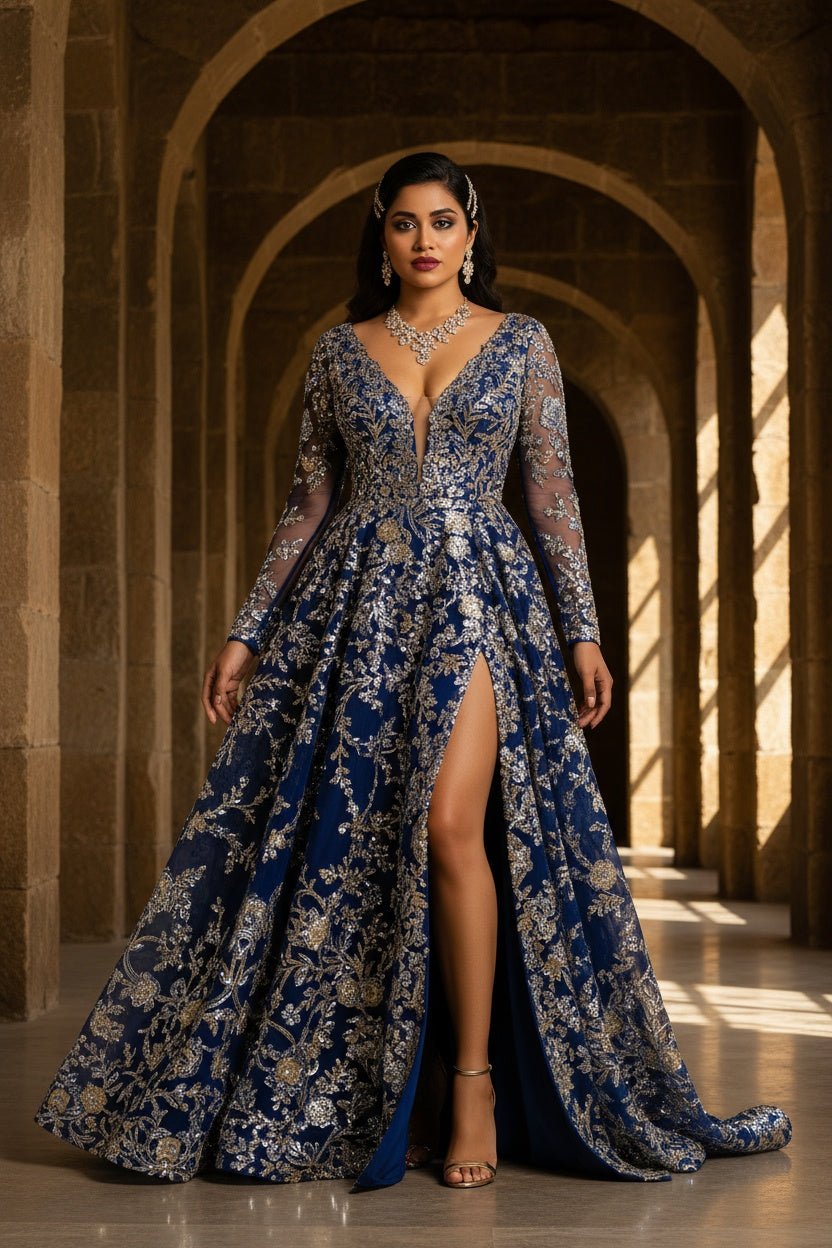 “The Royal Affair” - “A masterpiece of royal elegance — this deep sapphire gown shimmers with golden embroidery, capturing timeless luxury and modern grace.” - The Madhu“The Royal Affair” - “A masterpiece of royal elegance — this deep sapphire gown shimmers with golden embroidery, capturing timeless luxury and modern grace.”