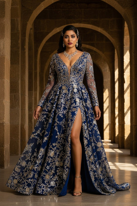 “The Royal Affair” - “A masterpiece of royal elegance — this deep sapphire gown shimmers with golden embroidery, capturing timeless luxury and modern grace.” - The Madhu“The Royal Affair” - “A masterpiece of royal elegance — this deep sapphire gown shimmers with golden embroidery, capturing timeless luxury and modern grace.”