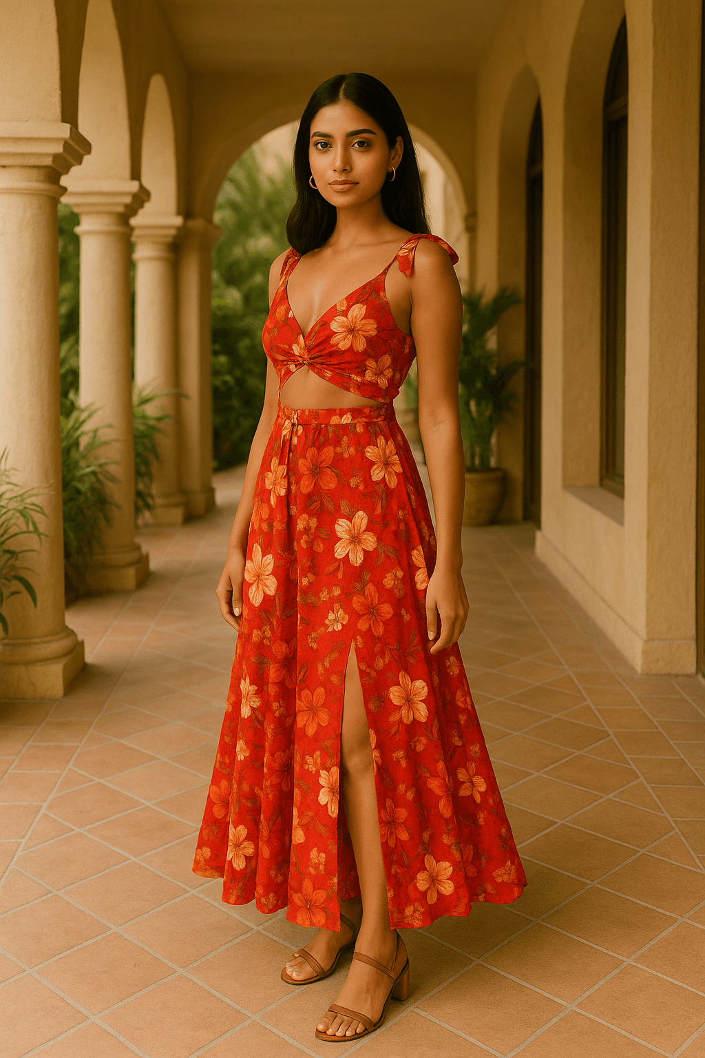 “Tropical Bloom Red Floral Midi Dress – Resort Wear Collection” - The Madhu“Tropical Bloom Red Floral Midi Dress – Resort Wear Collection”